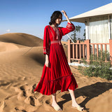 Red Peasant Dress Red Beach Dress Women's Seaside Holiday Desert Dress Summer