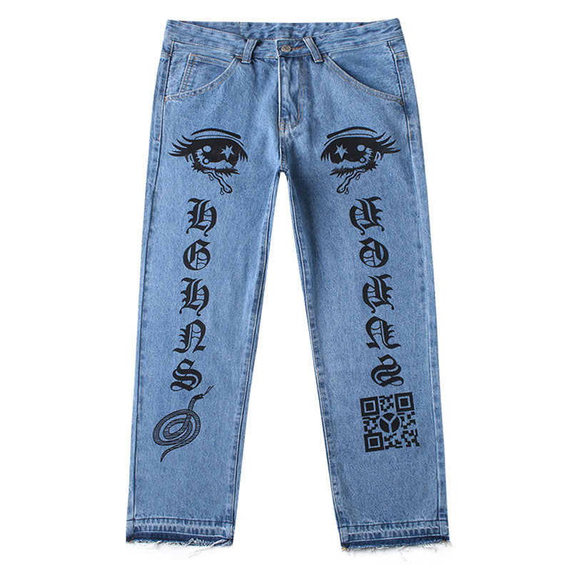 Anime Print Jeans Denim Pants Ripped Jeans Straight-Leg Denim for men Autumn Clothing Ripped Denim Trousers