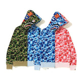 A Ape Print Hoodie Autumn and Winter Camouflage Blue Stitching Green Pink Printing Cardigan Zipper Hoodie Sweater