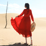 Red Peasant Dress Summer Desert Red Hooded Long Sleeve Big Hem Chiffon Fairy Dress Vacation Beach Dress
