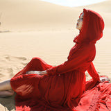 Red Peasant Dress Summer Desert Red Hooded Long Sleeve Big Hem Chiffon Fairy Dress Vacation Beach Dress