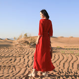 Red Peasant Dress Beach Dress Women's Seaside Vacation Long Dress Ethnic Style Embroidered Dress