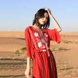 Red Peasant Dress Beach Dress Women's Seaside Vacation Long Dress Ethnic Style Embroidered Dress