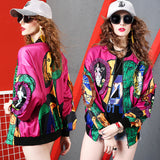 80's Colorful Leather Jacket Autumn Coat Women's New Printed Long Sleeve Jacket Loose Versatile Baseball Uniform