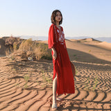 Red Peasant Dress Beach Dress Women's Seaside Vacation Long Dress Ethnic Style Embroidered Dress