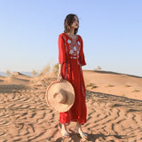 Red Peasant Dress Beach Dress Women's Seaside Vacation Long Dress Ethnic Style Embroidered Dress