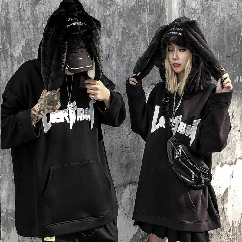 Rabbit Ears Hooded Sweater Male and Female Large Size Retro Sports Coat Loose Hoodie Fleece Lined Sweatshirt Men Thermal Hoodie