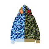 A Ape Print Hoodie Autumn and Winter Camouflage Blue Stitching Green Pink Printing Cardigan Zipper Hoodie Sweater