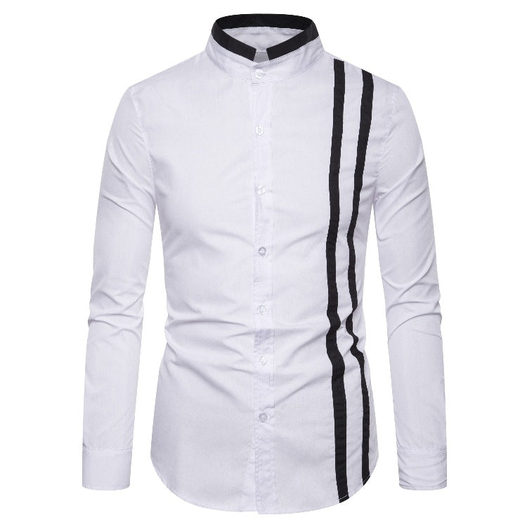 Men's Fashion Black and White Side Stripe Long Sleeve Shirt Large Size Retro Casual Stand Collar Shirt Men Shirt