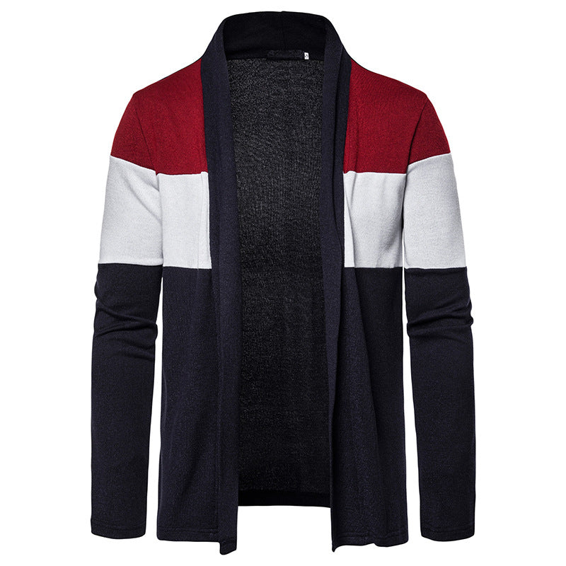 Fall Winter Men Stand Collar Fashion Three-Color Stitching Cardigan Casual Sweater Men Cardigan Sweater
