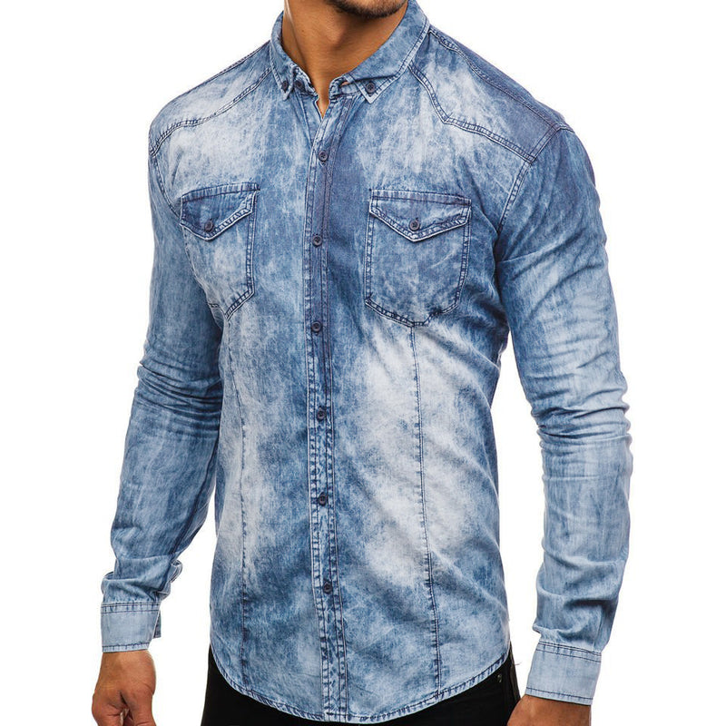 Men's Contrast Color plus Size Sports Loose Denim Shirt Fashion Casual Long Sleeve Shirt Men Shirt