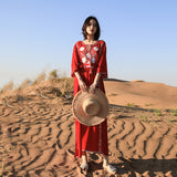 Red Peasant Dress Beach Dress Women's Seaside Vacation Long Dress Ethnic Style Embroidered Dress