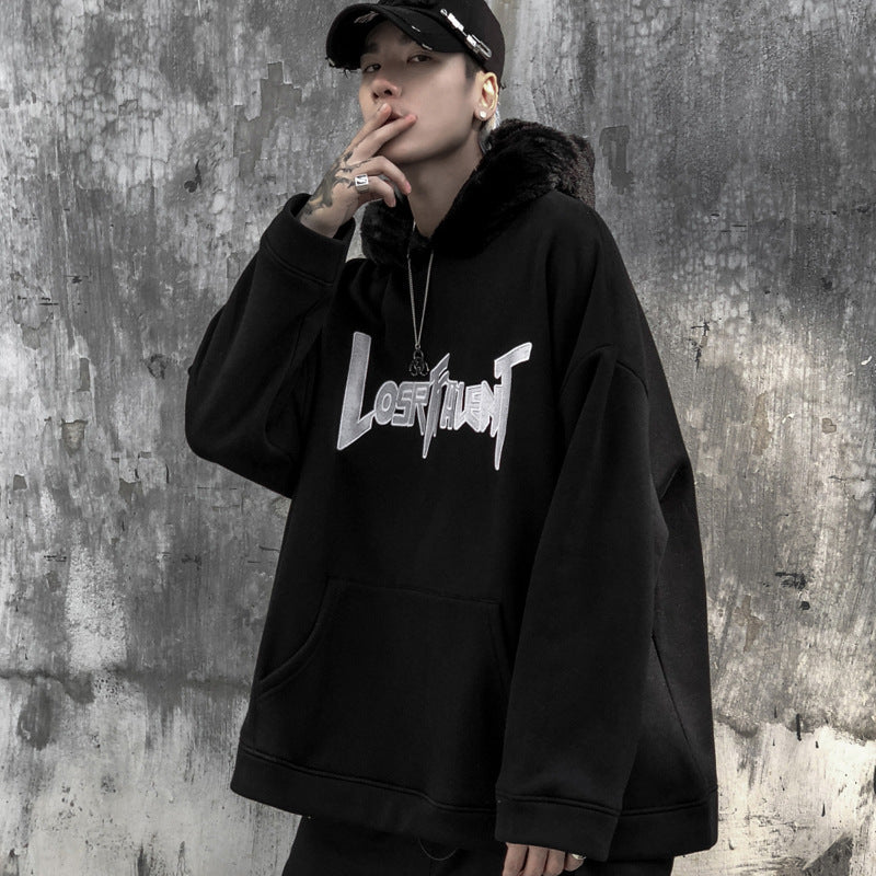 Rabbit Ears Hooded Sweater Male and Female Large Size Retro Sports Coat Loose Hoodie Fleece Lined Sweatshirt Men Thermal Hoodie