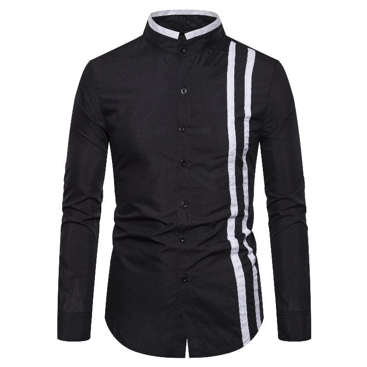 Men's Fashion Black and White Side Stripe Long Sleeve Shirt Large Size Retro Casual Stand Collar Shirt Men Shirt