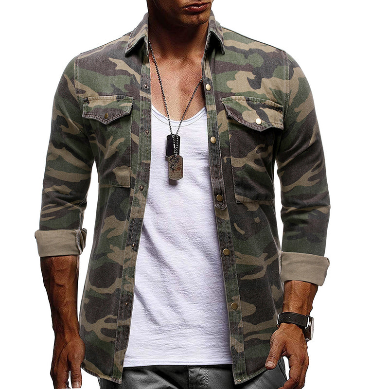 Men's Camouflage plus Size Trend Denim Fashion Casual Exercise Men Shirt