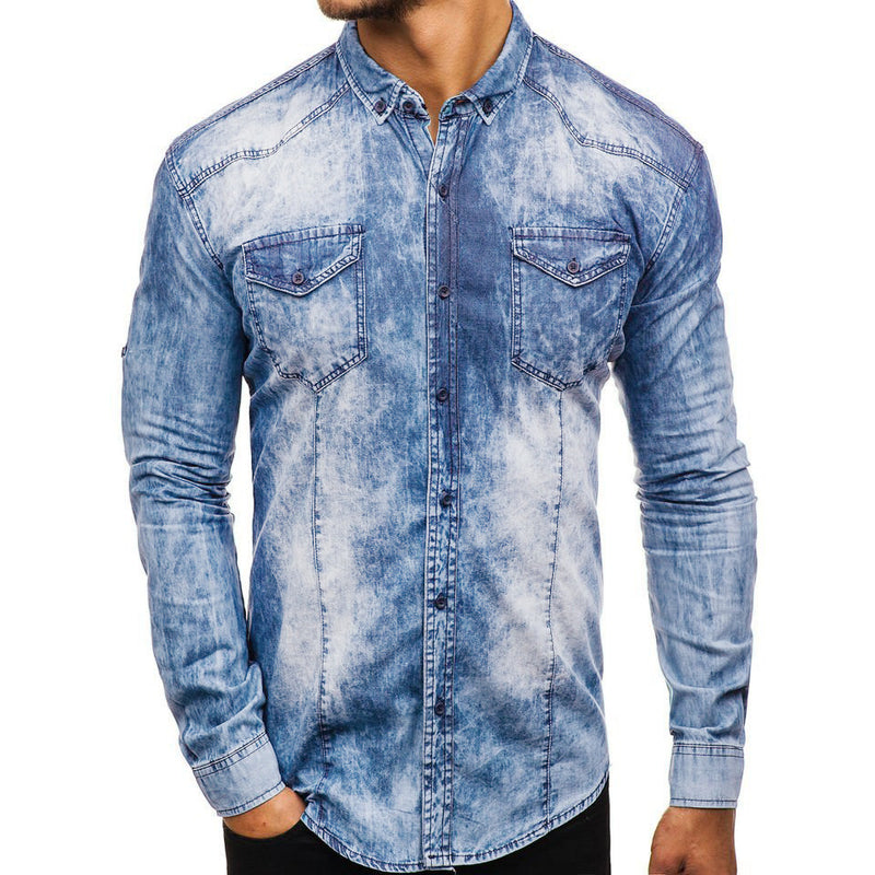 Men's Contrast Color plus Size Sports Loose Denim Shirt Fashion Casual Long Sleeve Shirt Men Shirt