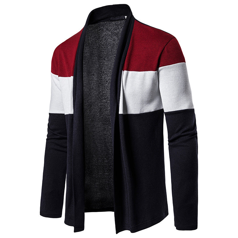 Fall Winter Men Stand Collar Fashion Three-Color Stitching Cardigan Casual Sweater Men Cardigan Sweater