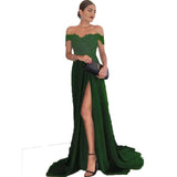 Green Fairycore Dress Women's Fashion Sexy off-the-Shoulder Lace Split Dress Gown Mop Solid Color Dress