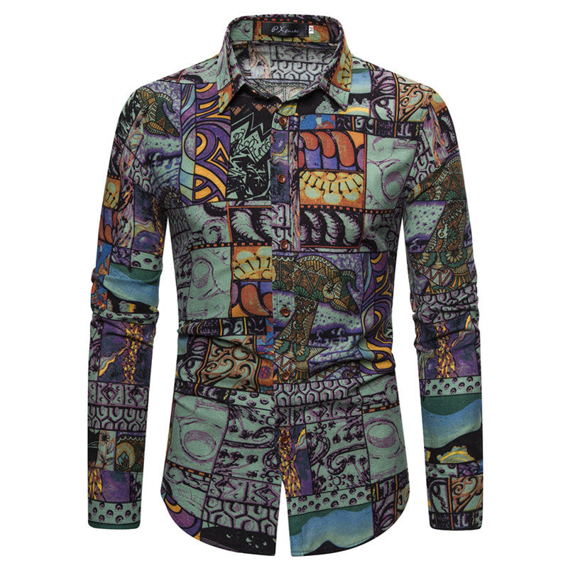 Men's Color Printing Men's Fashion Casual Long Sleeve Slim Fit plus Size Shirt Men Shirt