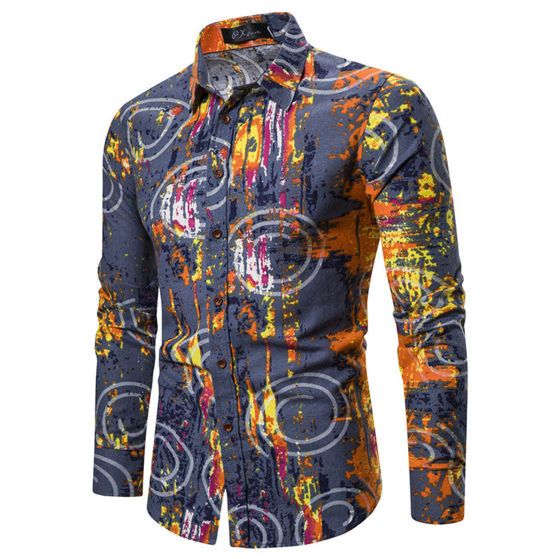 Men's Clothing Color Printing Men's Casual Long-Sleeved Fashion Slim Large Size Shirt Men's Shirt