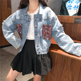 Denim Sparkle Jacket Spring and Autumn Denim Jacket Petite Top