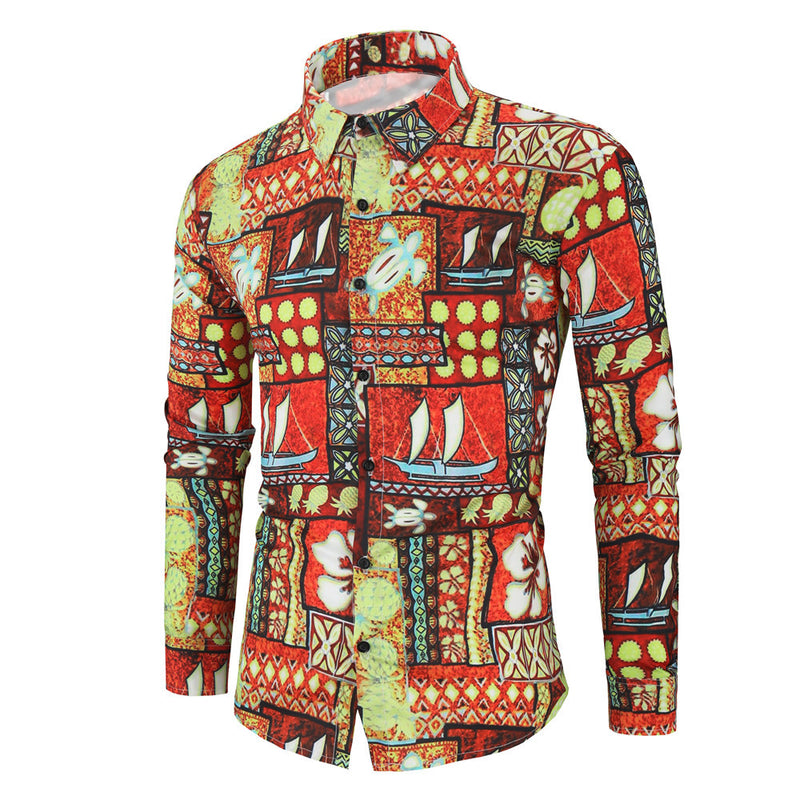 Men's Long-Sleeve Shirt Fashion Printed Casual Shirt Large Size Retro Sports Trendy Men Shirt
