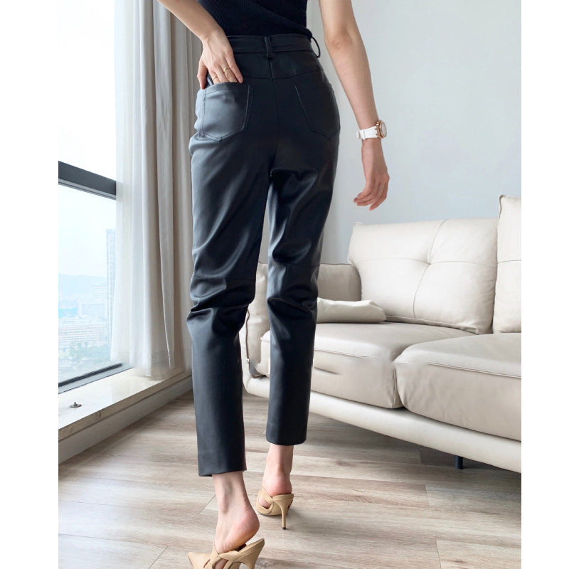 Black Leather Pants Straight Leg Black High Waist Leather Shorts Women's Capry Pants Straight Casual Pants Shark Pants
