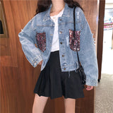 Denim Sparkle Jacket Spring and Autumn Denim Jacket Petite Top