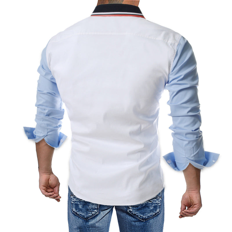 Men's Casual Long-Sleeved Shirt plus Size Retro Fashion Color Contrast Patchwork Shirt Men Shirt
