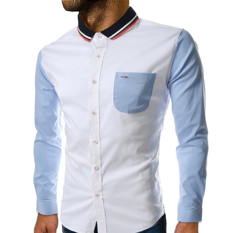 Men's Casual Long-Sleeved Shirt plus Size Retro Fashion Color Contrast Patchwork Shirt Men Shirt