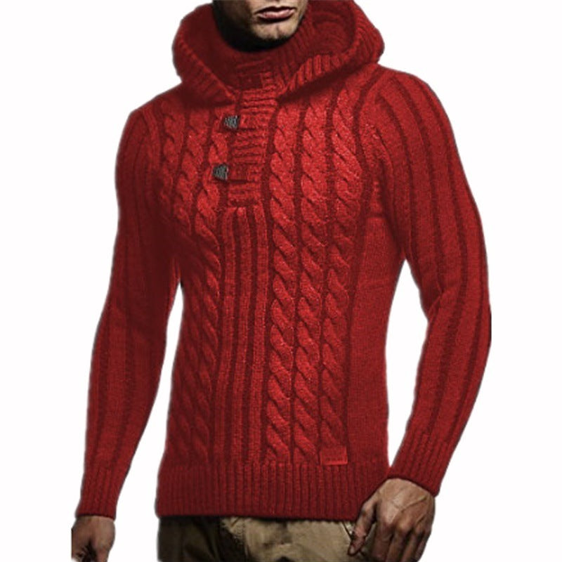 Men's Turtleneck Fashion Hooded Sweater Twist Pattern Leisure Pullover Sweater Men Pullover Sweater