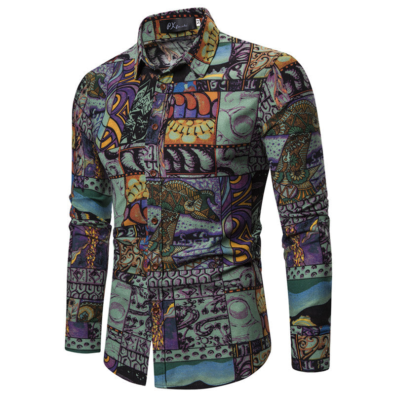Men's Color Printing Men's Fashion Casual Long Sleeve Slim Fit plus Size Shirt Men Shirt