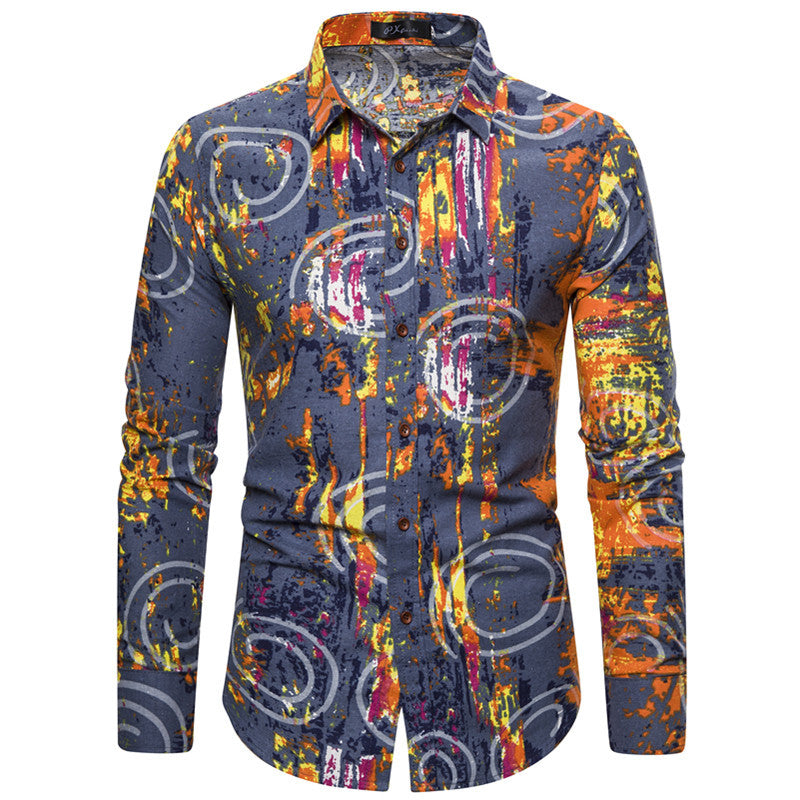 Men's Clothing Color Printing Men's Casual Long-Sleeved Fashion Slim Large Size Shirt Men's Shirt