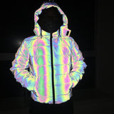Rave Outfits Mens Colorful Reflective Cotton-Padded Coat with Velvet