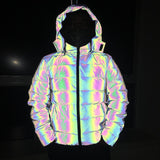 Rave Outfits Mens Colorful Reflective Cotton-Padded Coat with Velvet