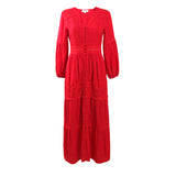 Red Peasant Dress Fairy Retro V-neck Dress Women's Summer French A- line Skirt Vacation Beach Dress