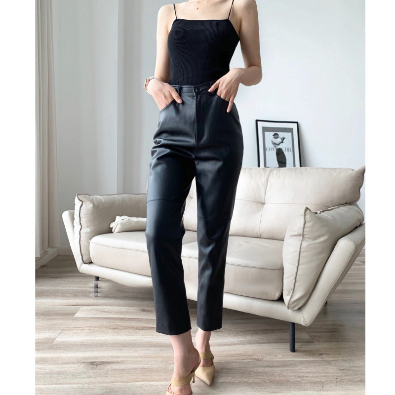 Black Leather Pants Straight Leg Black High Waist Leather Shorts Women's Capry Pants Straight Casual Pants Shark Pants