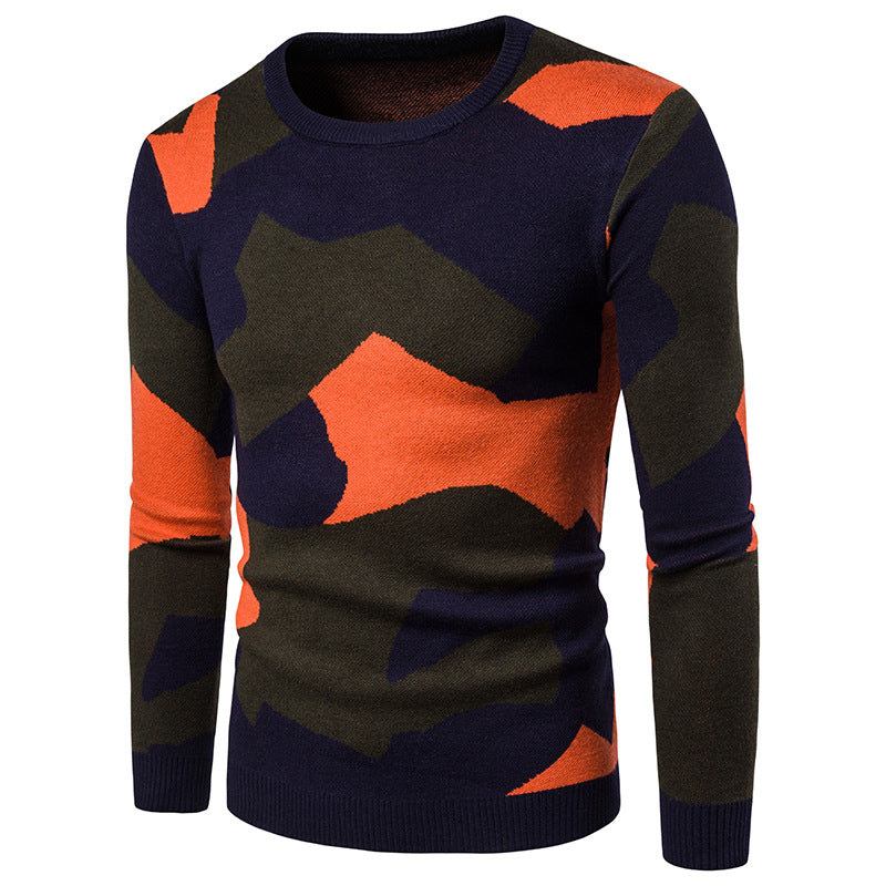Men's Round Neck Fashion Camouflage Color Matching Casual Sweater Sweater Men Pullover Sweater