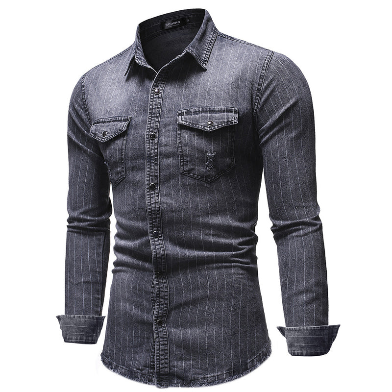 Men's Striped Denim Shirt Fashion Casual Long Sleeve Shirt Men Shirt