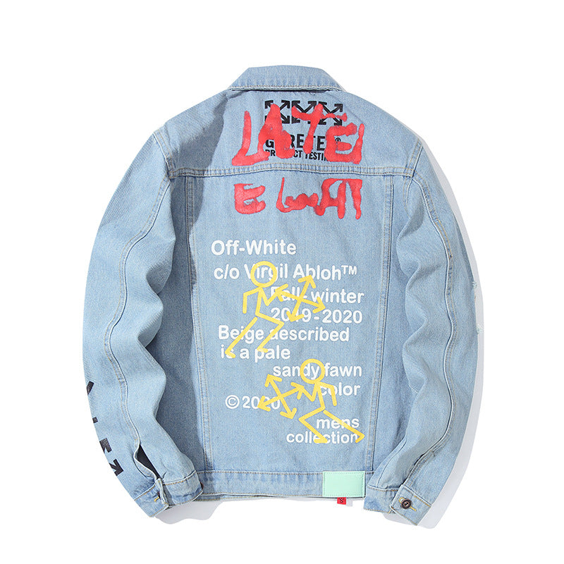 Arrow Denim Jacket Jean Coat Off Ow Color Matching Graffiti Letters Small Arrow Print Men Owt