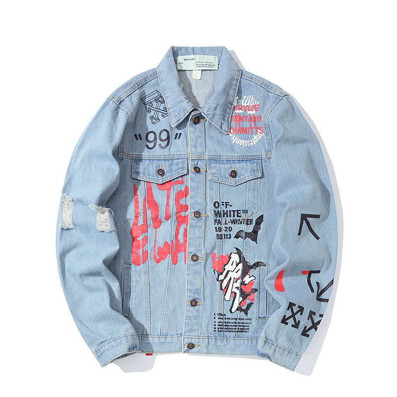 Arrow Denim Jacket Jean Coat Off Ow Color Matching Graffiti Letters Small Arrow Print Men Owt