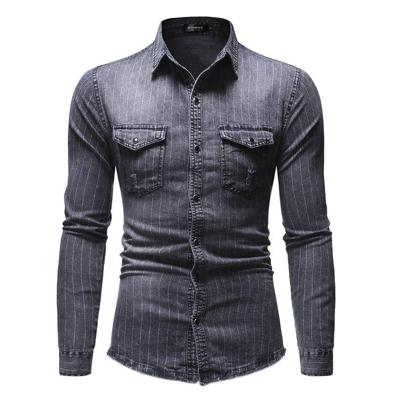 Men's Striped Denim Shirt Fashion Casual Long Sleeve Shirt Men Shirt