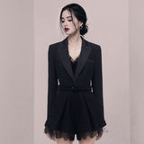 Women Pants Suit Uniform Designs Formal Style Office Lady Bussiness Attire Fashion Polo Collar Lace Stitching High Waist Wide Leg Slimming Autumn and Winter Suit Shorts Suit
