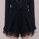 Women Pants Suit Uniform Designs Formal Style Office Lady Bussiness Attire Fashion Polo Collar Lace Stitching High Waist Wide Leg Slimming Autumn and Winter Suit Shorts Suit