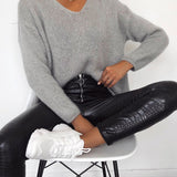 Faux Leather Pants High Waist Casual Crocodile Pattern Leather Pants Women Zipper Skinny Pants