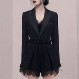 Women Pants Suit Uniform Designs Formal Style Office Lady Bussiness Attire Fashion Polo Collar Lace Stitching High Waist Wide Leg Slimming Autumn and Winter Suit Shorts Suit