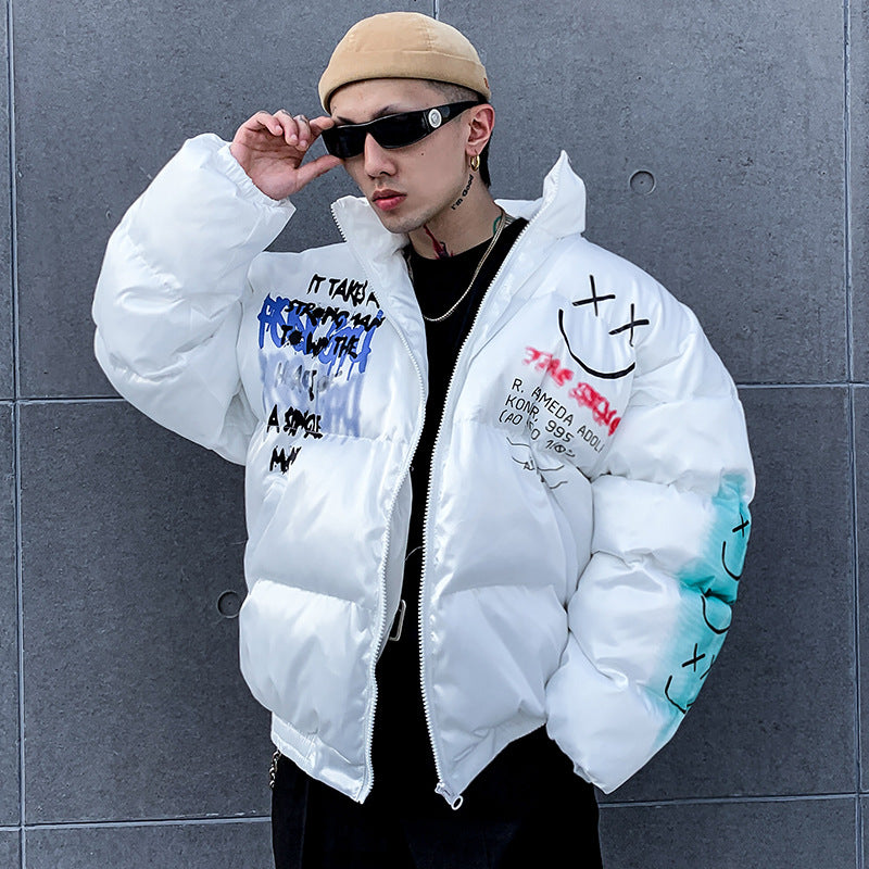 Smiley Printed Men's Winter Clothing plus Size Retro Sports Casual Jacket Loose Top Men Cotton Padded Jacket