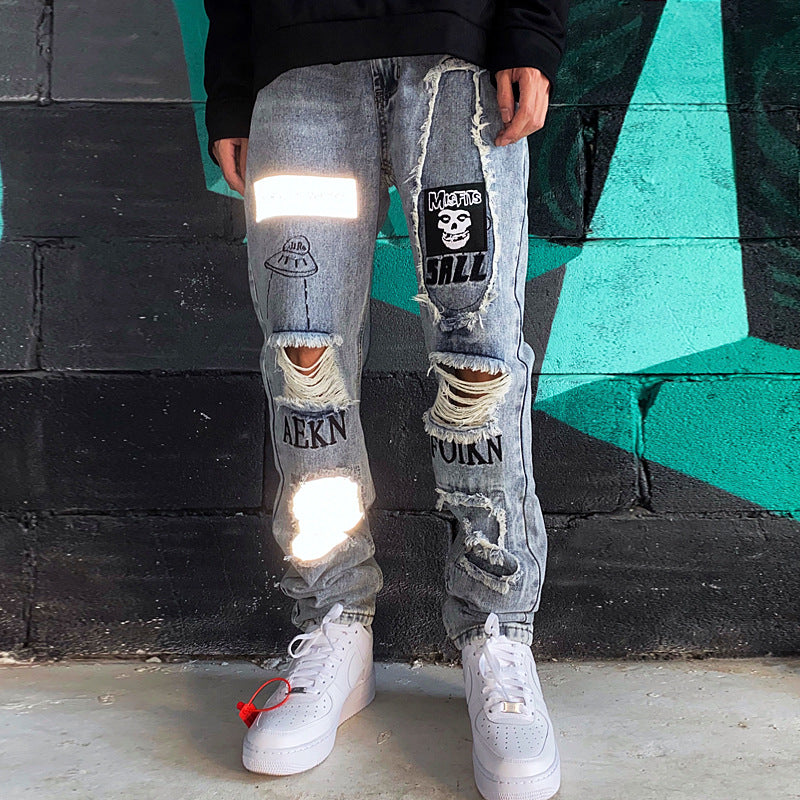 Reflective Jeans Spring and Summer plus Size Retro Sports Trousers Casual Men's Trousers Men Jeans