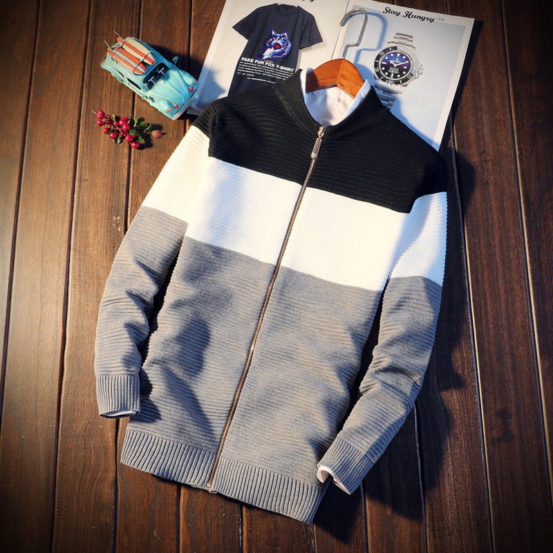 Autumn and Winter Men's Stand Collar Contrast Color Cardigan Sweater Knitwear Fashion Trendy Casual Jacket Men Cardigan Sweater