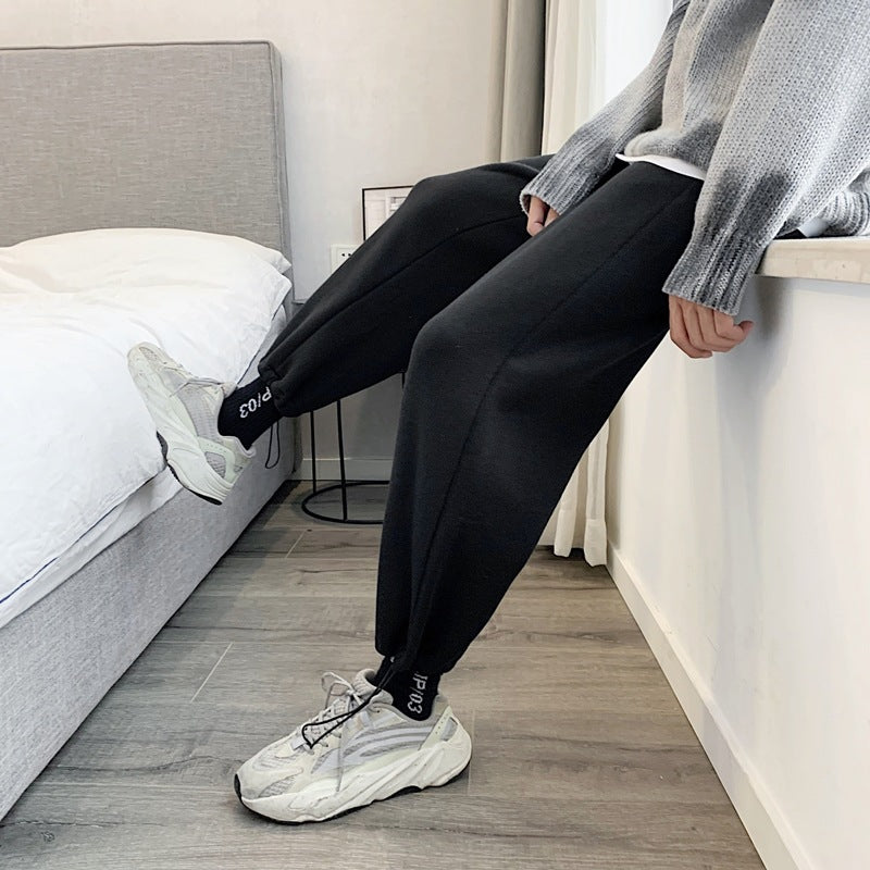 Men Pants Fleece-Lined Thickened Knitting Sweatpants Ankle Banded Pants